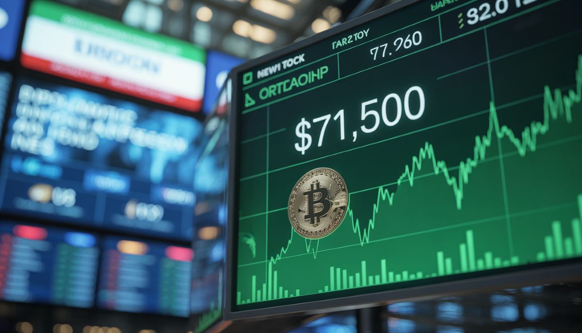 Gráfico de Bitcoin superando los 71.000 dólares tras la tregua de Trump.