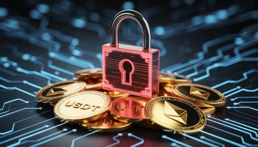 Acción de congelación de USDT y activos digitales en la blockchain.