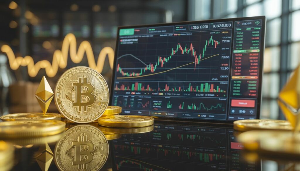 Datos de vencimiento opciones de Bitcoin y Ethereum en pantalla financiera.