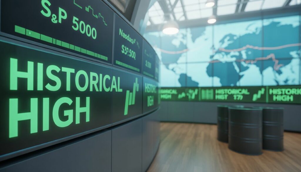 Índices de Wall Street alcanzando máximos históricos en pantallas de trading.