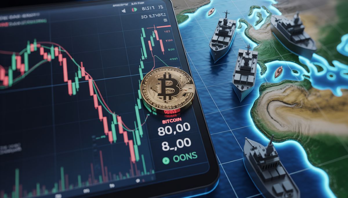 Gráfico de Bitcoin 80.000 dólares con velas de volatilidad por conflicto en Irán.