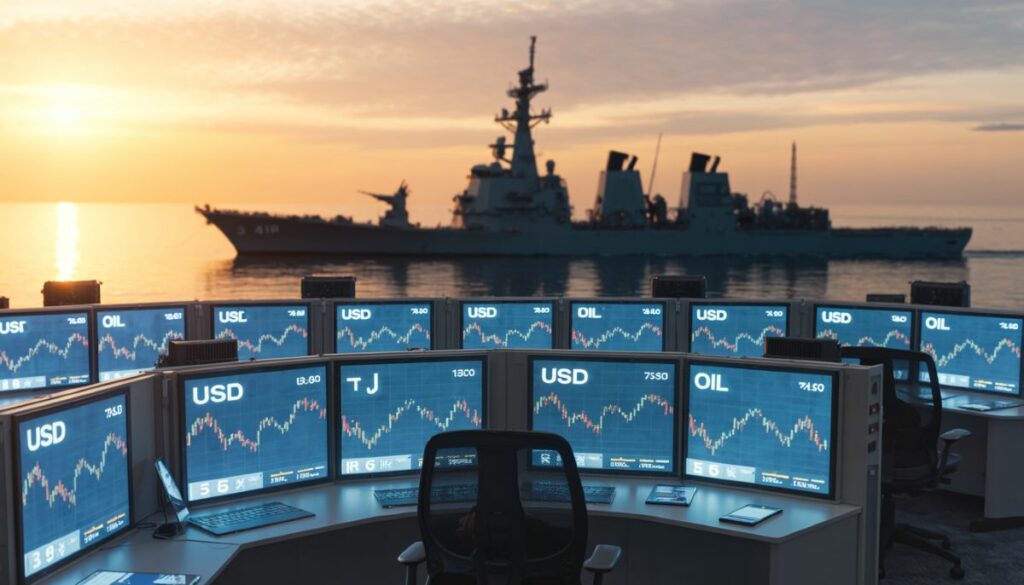 Gráficos financieros del dólar frente a imágenes de tensión naval en el estrecho de Ormuz.