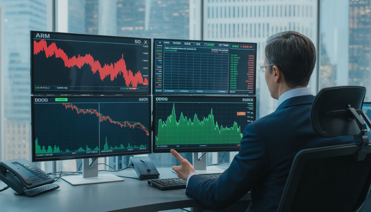 Gráficos financieros de Wall Street estancado y caída de acciones de chips.