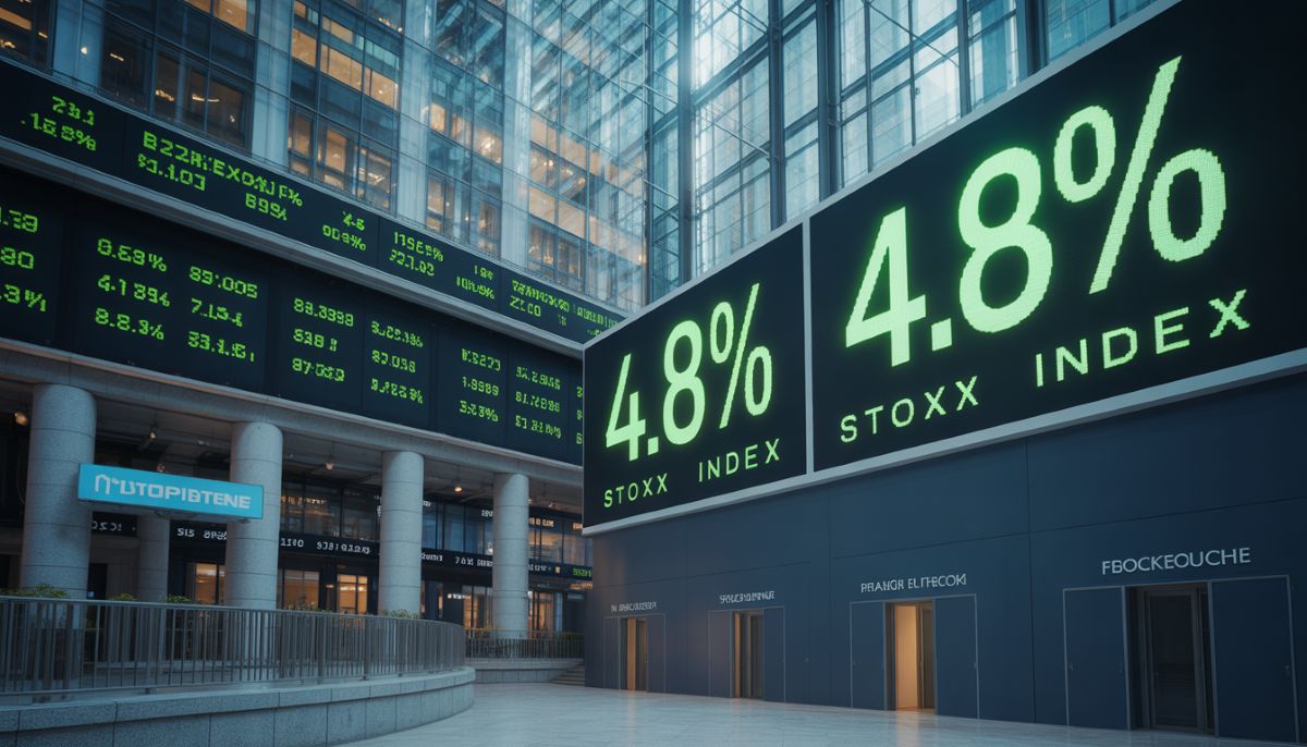 Pantallas financieras que muestran el repunte de las acciones europeas.
