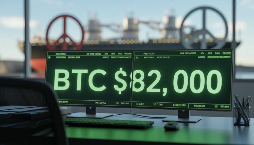 Gráfico financiero del Bitcoin 82.000 dólares y desplome del Petróleo WTI en 2026.