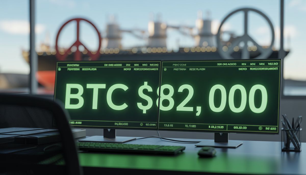 Gráfico financiero del Bitcoin 82.000 dólares y desplome del Petróleo WTI en 2026.