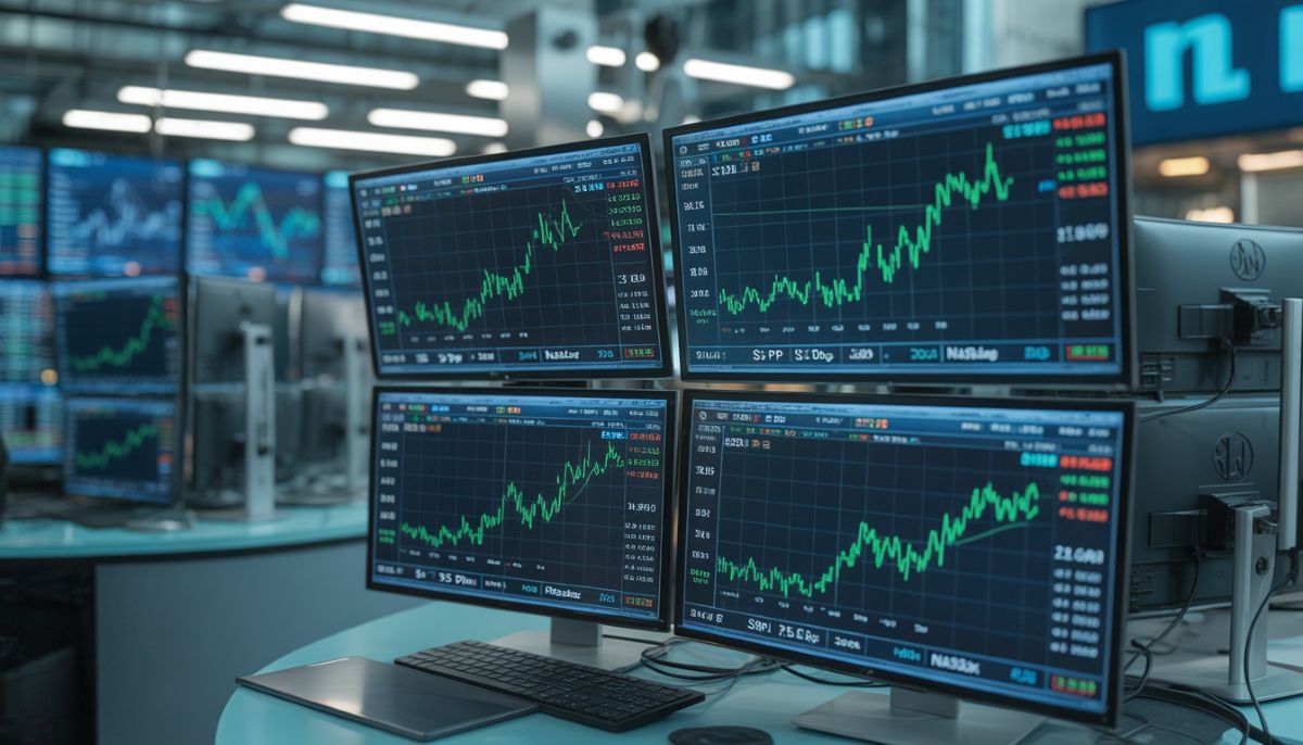 Gráficos alcistas del S&P 500 y el Nasdaq en pantallas financieras.