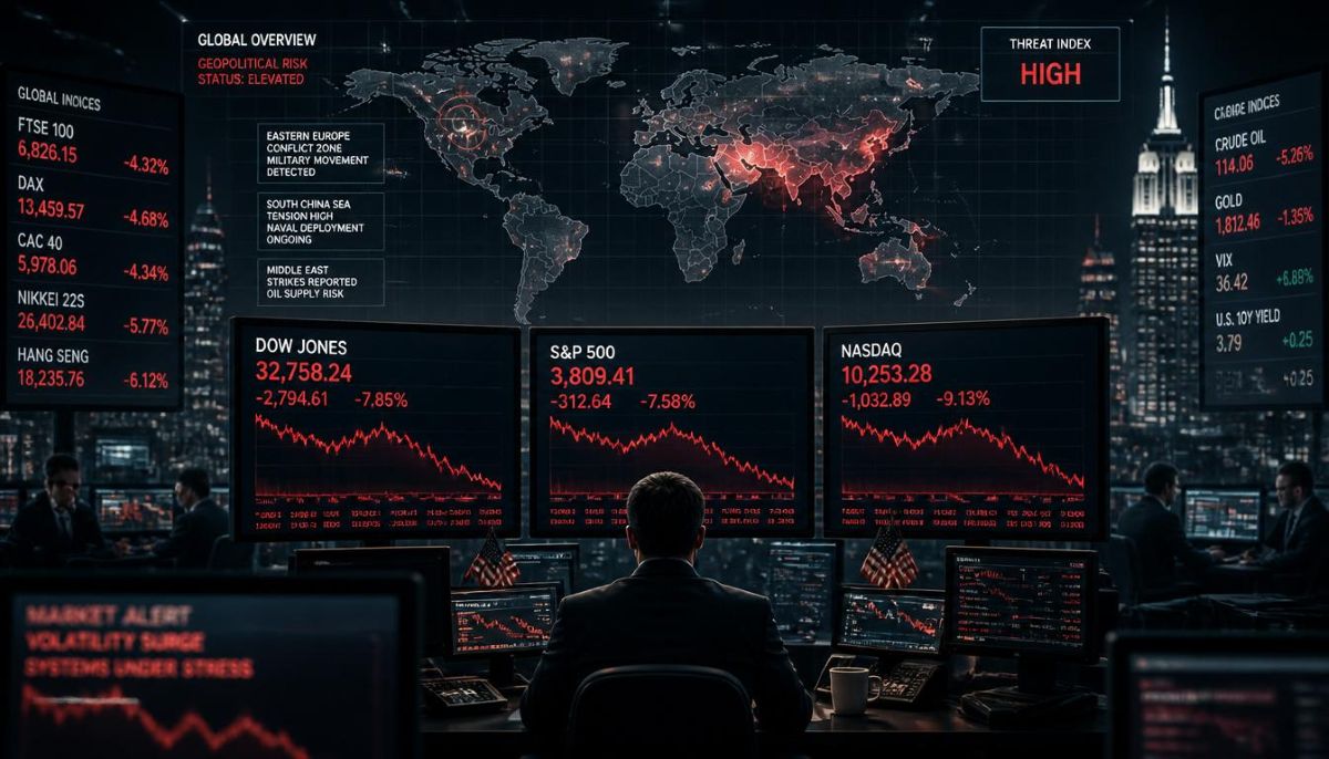Análisis financiero institucional del incremento del riesgo en Wall Street debido a factores geopolíticos y correcciones sectoriales.