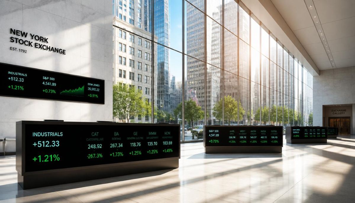 Análisis financiero y gráficos de cotizaciones industriales correspondientes al máximo histórico del Dow.