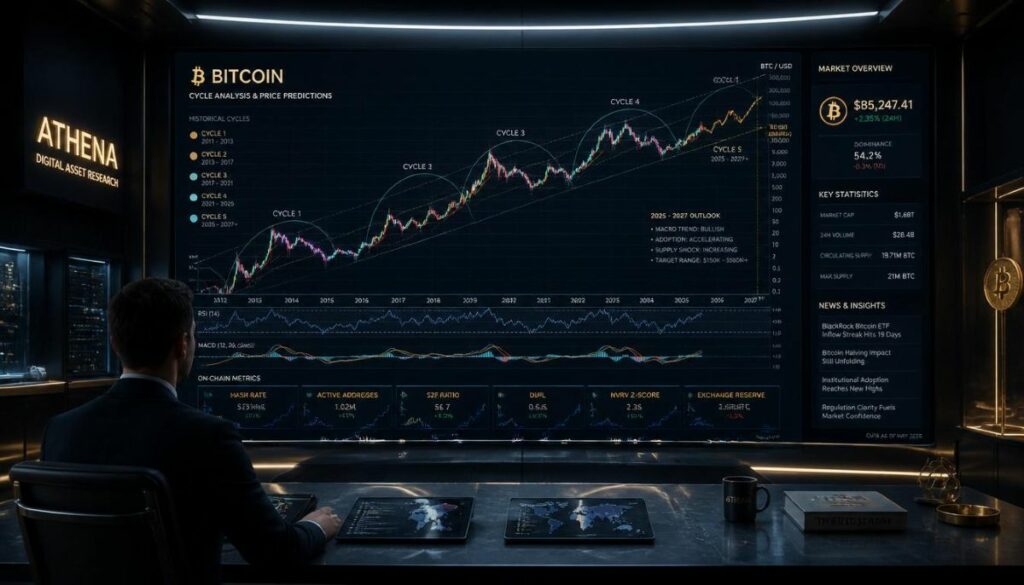 Análisis técnico e infografía macroeconómica sobre las proyecciones a largo plazo en el precio de Bitcoin.
