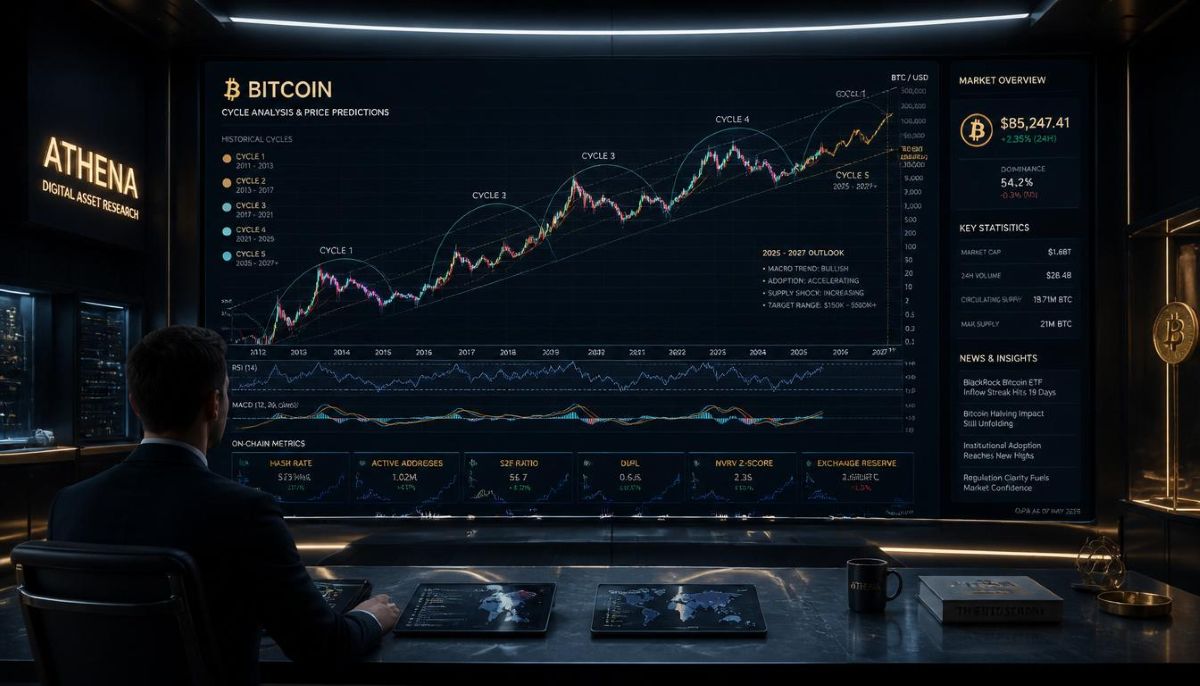 Análisis técnico e infografía macroeconómica sobre las proyecciones a largo plazo en el precio de Bitcoin.