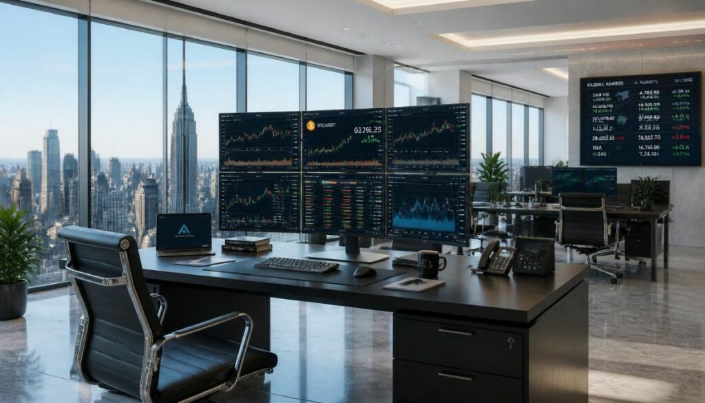 Análisis gráfico del precio de Bitcoin en pantallas de trading.